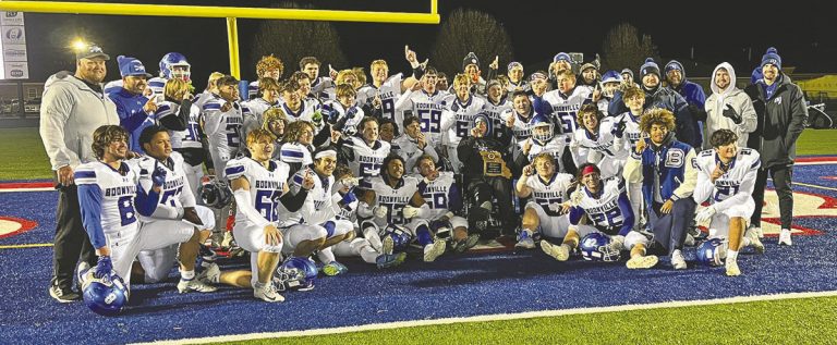 Members of the Boonville Pirates football team celebrate winning its first district title in 11 years in the end zone Friday night in Moberly after knocking off the Spartans 28-13. The Pirates, 8-4 on the season, will host 9-2 Reeds Spring in the quarterfinal round of the state playoffs Saturday at Gene Reagan Field in Boonville, starting at 1 p.m. (Photo by Chris Bowie)