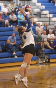 Boonville senior Mabry Caton serves up a point against Centralia Tuesday night at the Windsor Gymnasium. Caton finished the match with 31 assists and 15 service points with two aces, leading the Lady Pirates past Centralia 25-11, 25-18 and 25-14. (Photo by Chris Bowie)